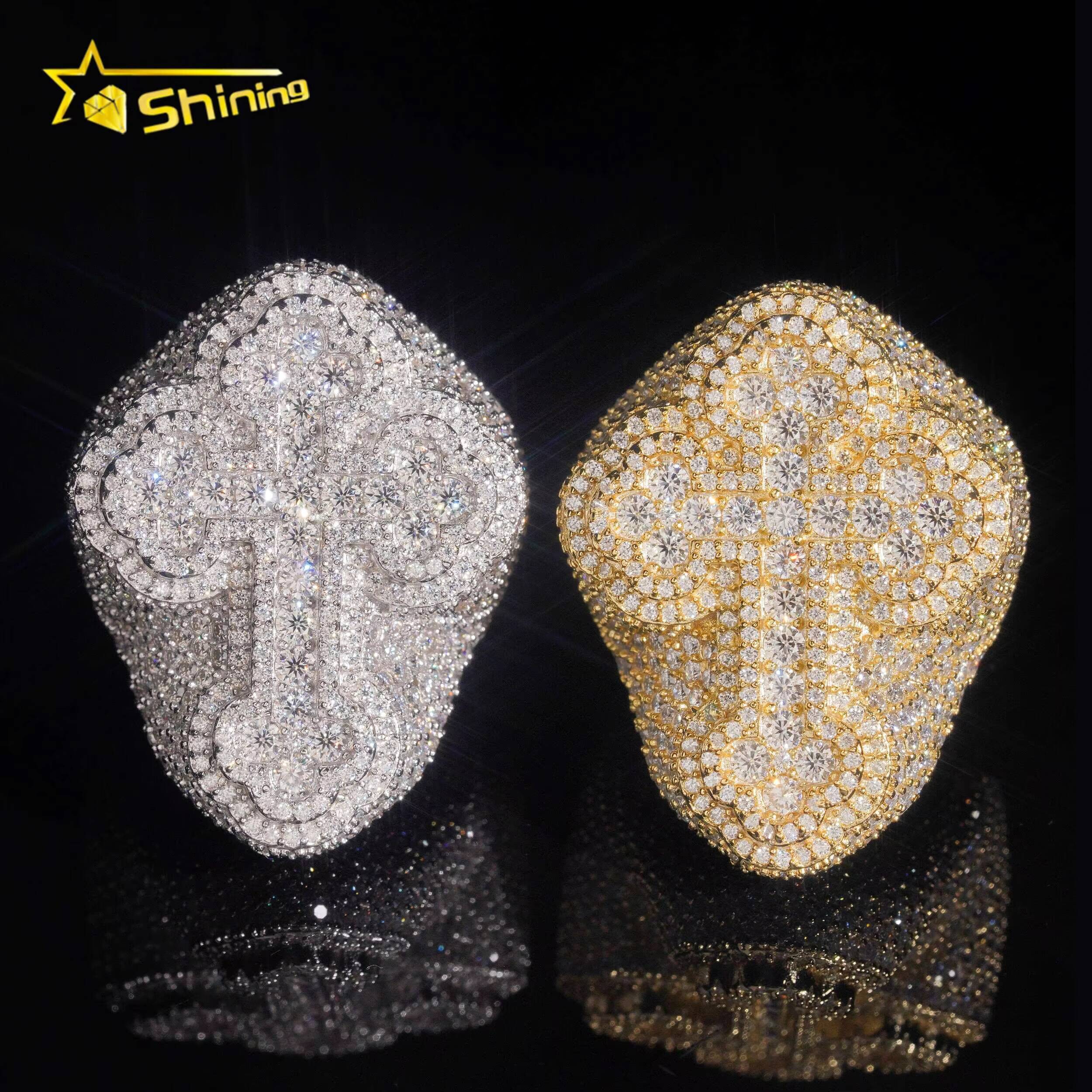 Hip Hop Fully Iced Out VVS Moissanite Cross Ring GRA Fine Jewelry Gold Plated Men Moissanite Engagement Ring