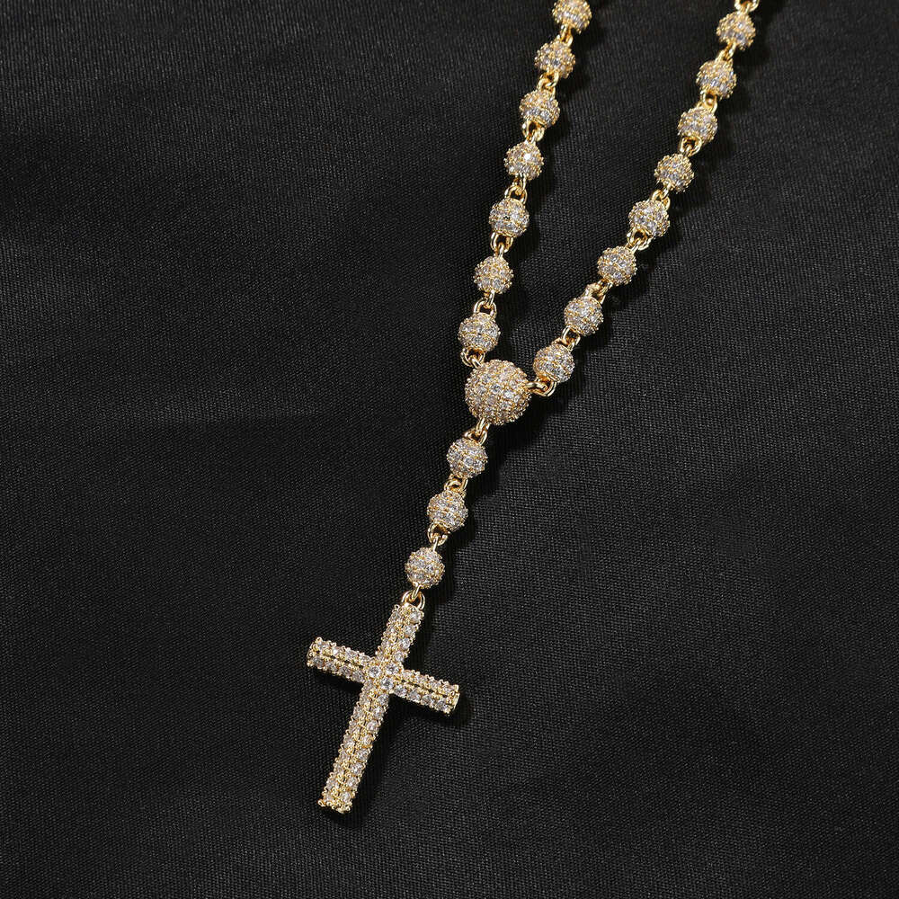 Vintage Moissanite Jewelry New Style 5mm Round Bead Cross Necklace Rosary Collarbone Chain Niche Hip Hop Accessories