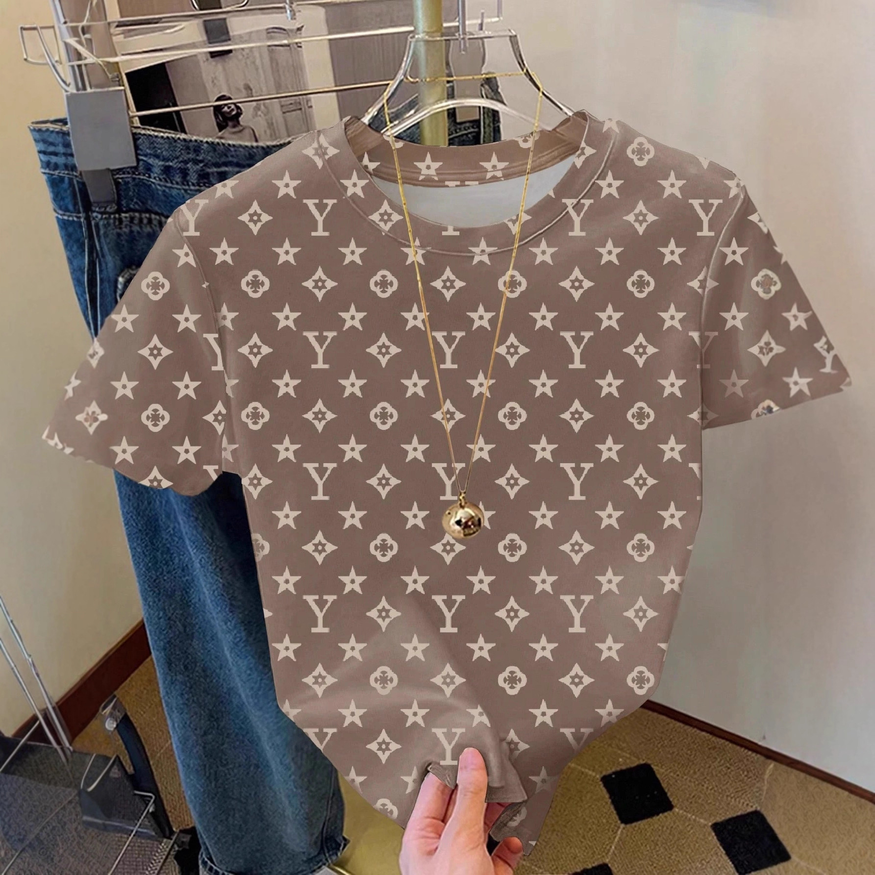 Luxury Brand Designer Clothes Round-Neck Short-Sleeve T-Shirt For Women, New Summer Vintage Print Pattern T-Shirt, Light And Comfortable