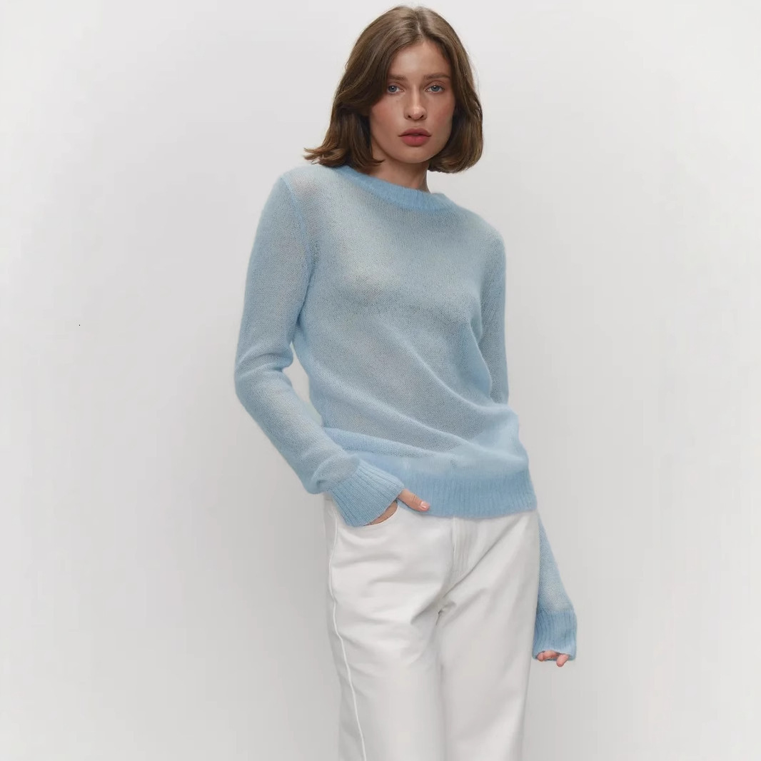 Luxury Brand Designer Mohair Round Neck Pullover Sweater 2026 Spring/Summer New Comfortable Knit Semi-Sheer Sweater for Women