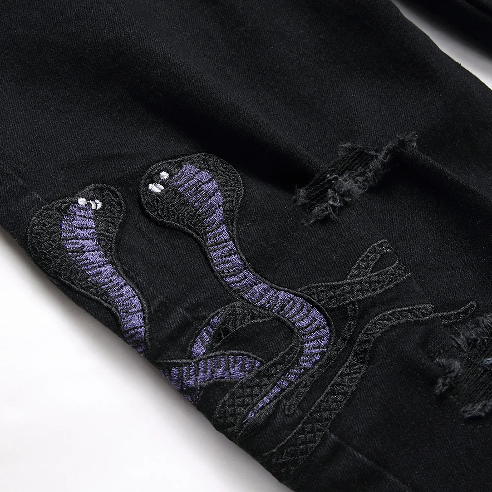 Men Snake Embroidery Jeans Streetwear Black Stretch Denim Pants Holes Ripped Distressed Slim Straight Trousers 260618CJ - view 5