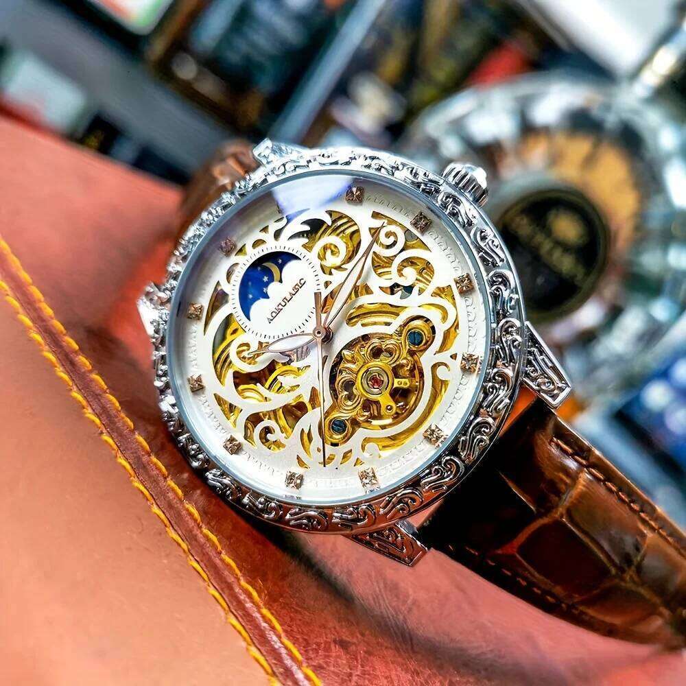 Cool, Popular, Best-Selling Men, Mechanical Watch with Hollow Design, Fashionable, Business Casual, Stylish, High-End, Light Luxury, Engraved Brand-Na