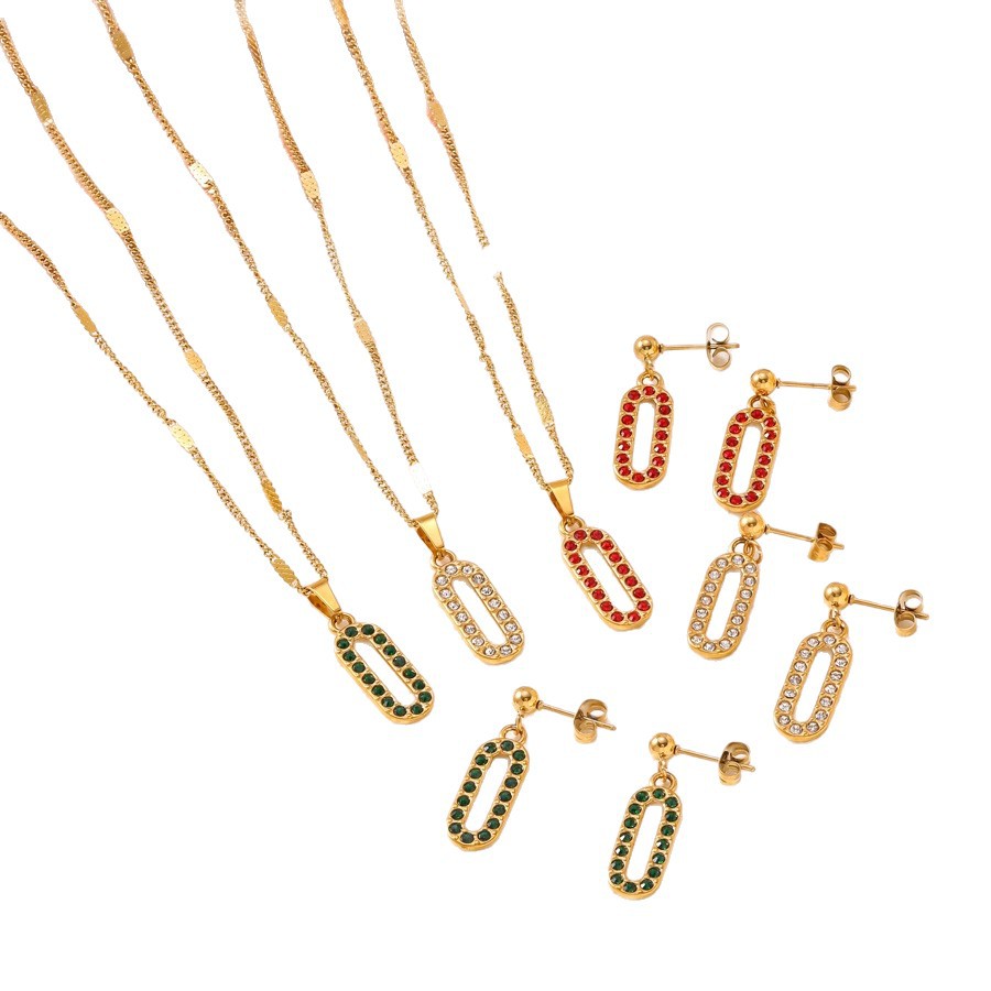 Luxurious sophisticated niche design diamond-studded jewelry set for women, stainless steel plated with 18K gold, oval necklace and earrings - view 6