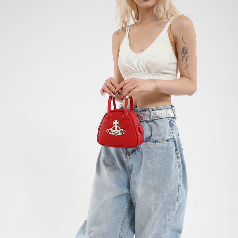 Designer, Luxury Empress Saturn Handheld Bowling Bag Litchi Texture Large Capacity Shoulder Crossbody Bag Simple Punk Style Women's Bag