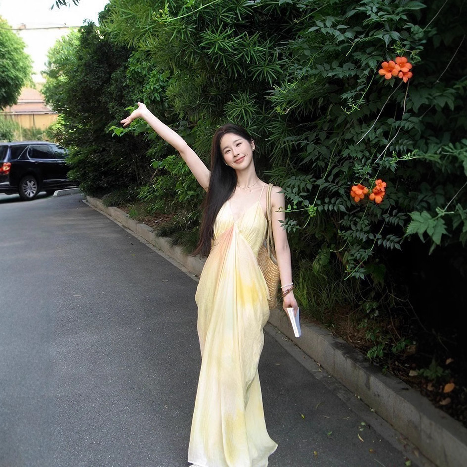 French Fairy Style Super Fairy Beach Vacation Long Dress Draped Silhouette Slip Designer Dress Dress Textured Print Gradient Dress