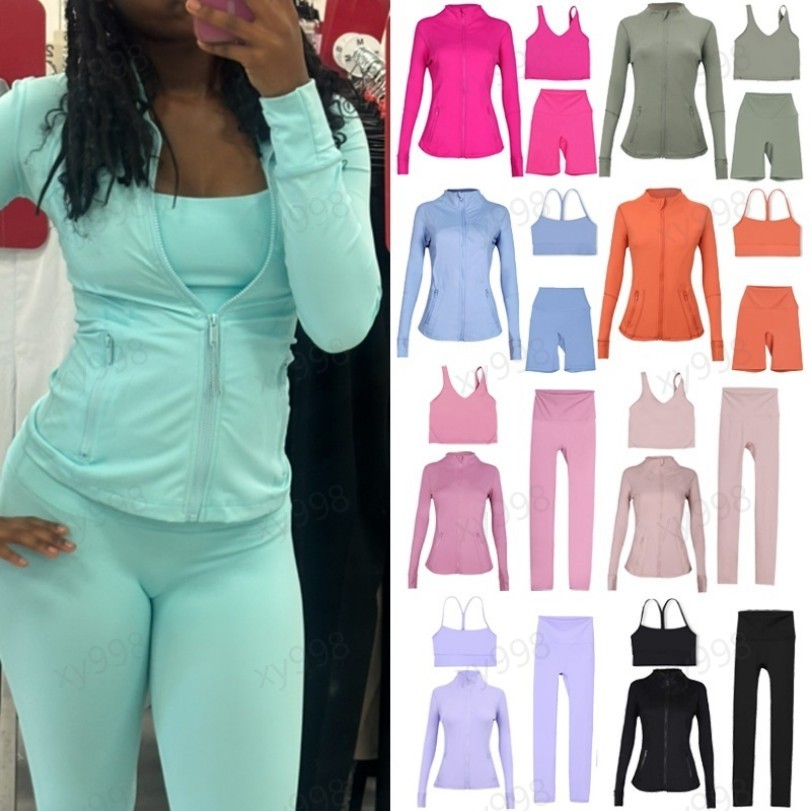 Workout set Women Yoga 3 pieces Sets Jackets bra Shorts Leggings Pants tank top sets High Waist Sports Jackets Zip Up Coat Elastic Sportswear Gym Suits Tracksuits Set