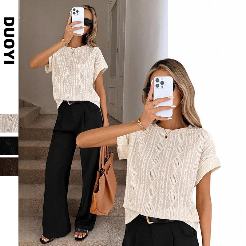 2026 European And American Designer T-shirt Summer New Women's Casual Round-neck Jacquard Polo Designer Hoodie Short-sleeve Top T-shirt