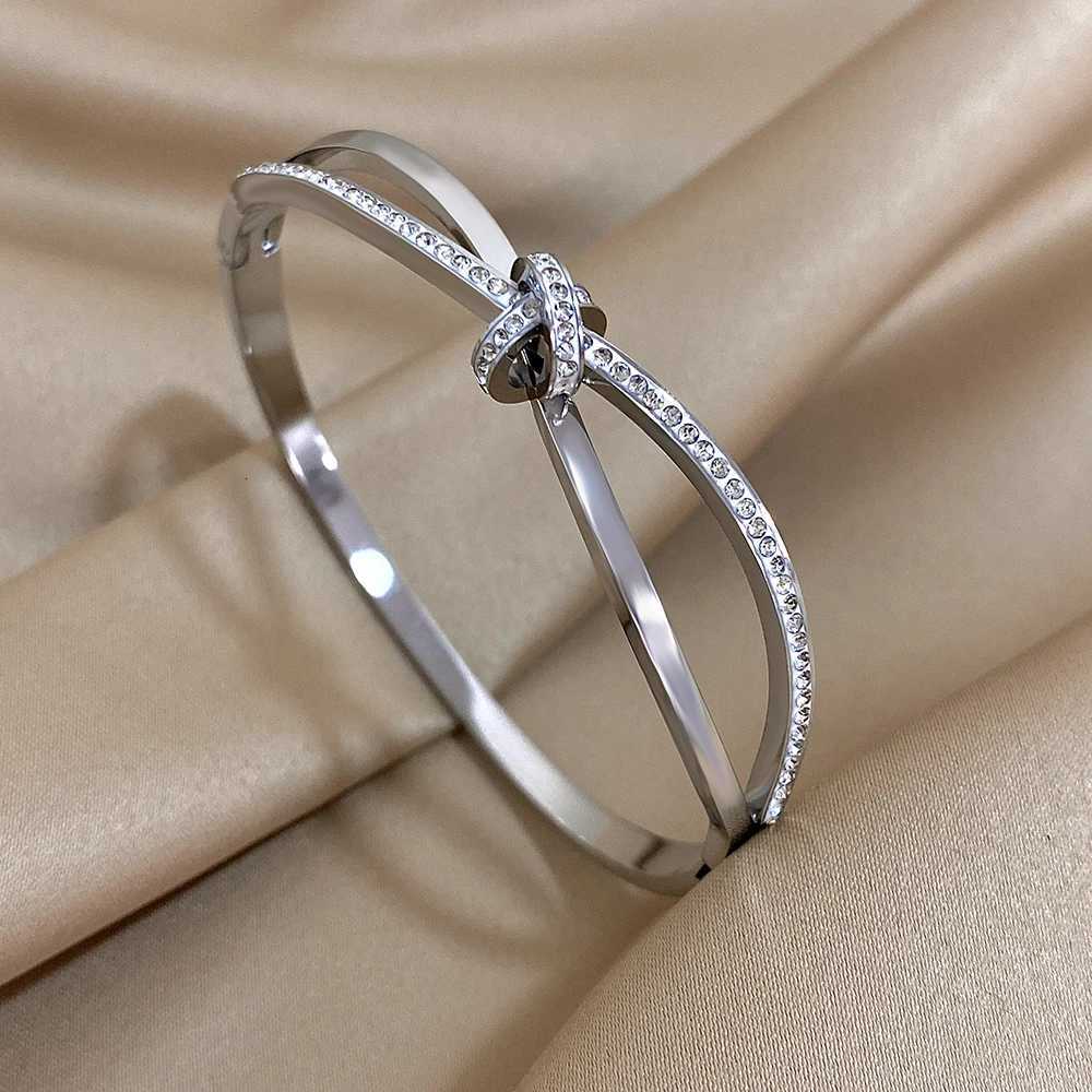 Trendy Stainless Steel With Rhinestone Inlaid Knot Bangles for Women Statement Bangle Wrist Waterproof Jewelry Gift H260323 - view 3