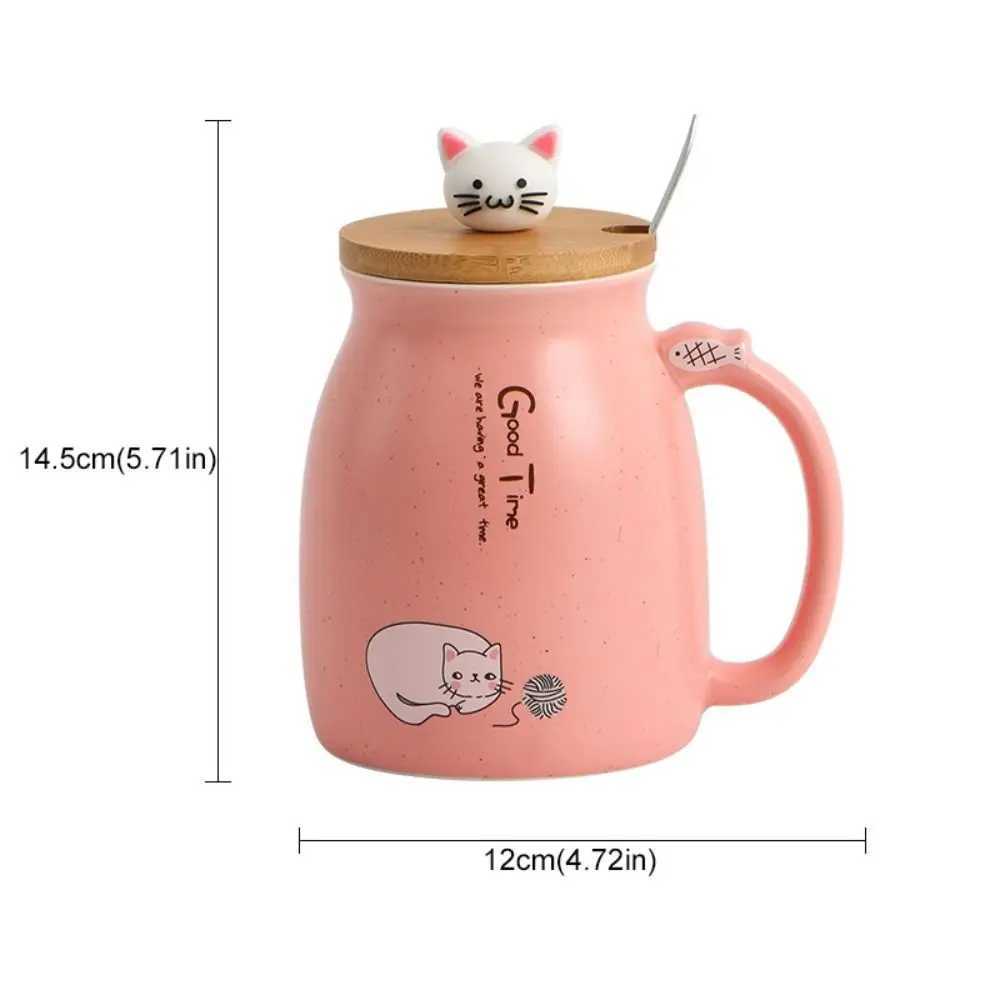 Cute Japanese Style Cartoon Cat Mug Ceramic 450ml Tea Cup with Spoon with Wooden Lid Coffee Mug Kids D260323