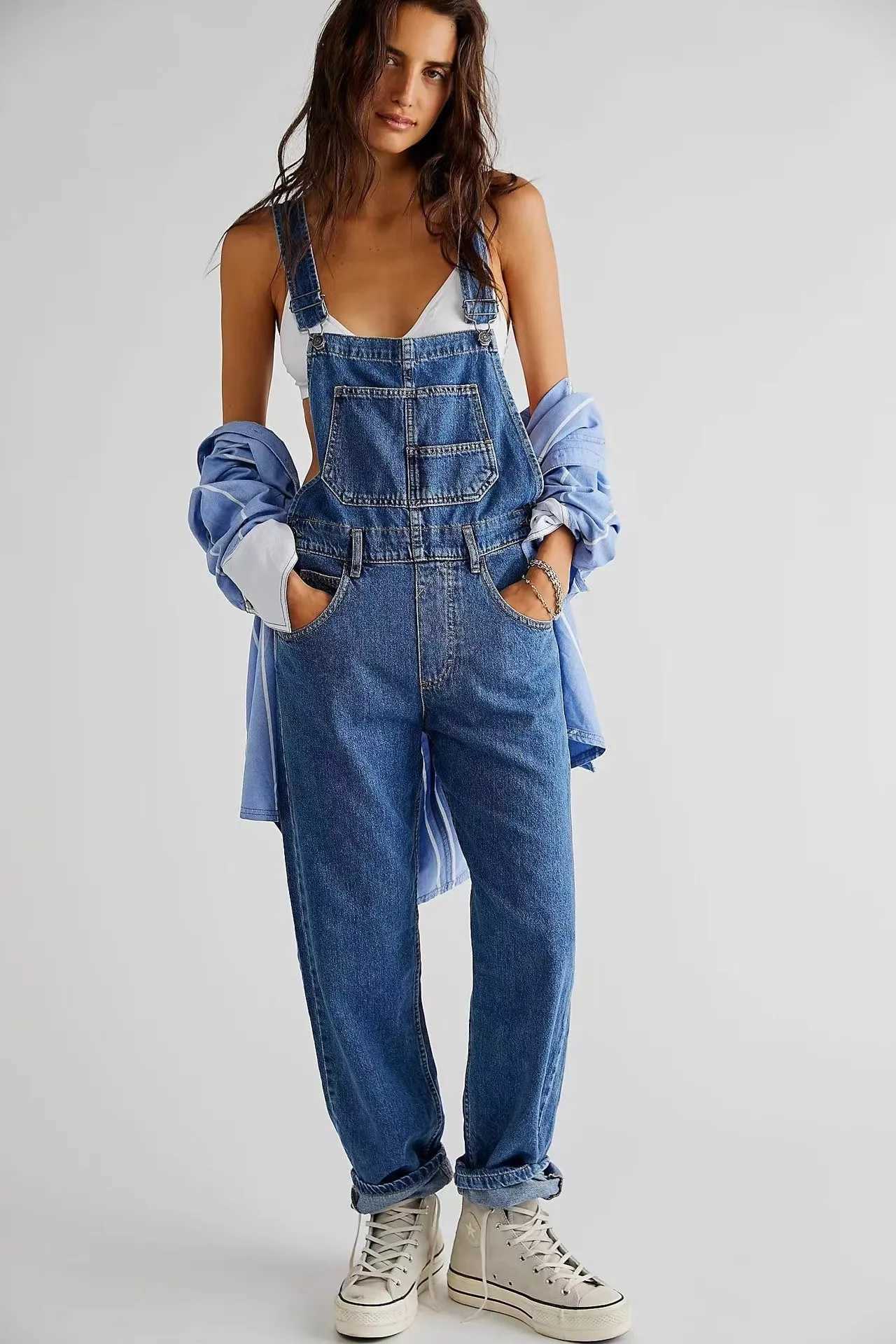 Womens Fashion Denim Overalls Loose Fit Classic Bib Casual Stretchy Jeans Jumpsuit Tapered Leg Streetwear Overalls Fashion M260323