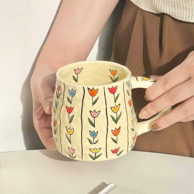Tulip and Rose Ceramic Coffee Mug Handmade Irregular Shape for Tea Water Home Use Unique Design Gift H260323