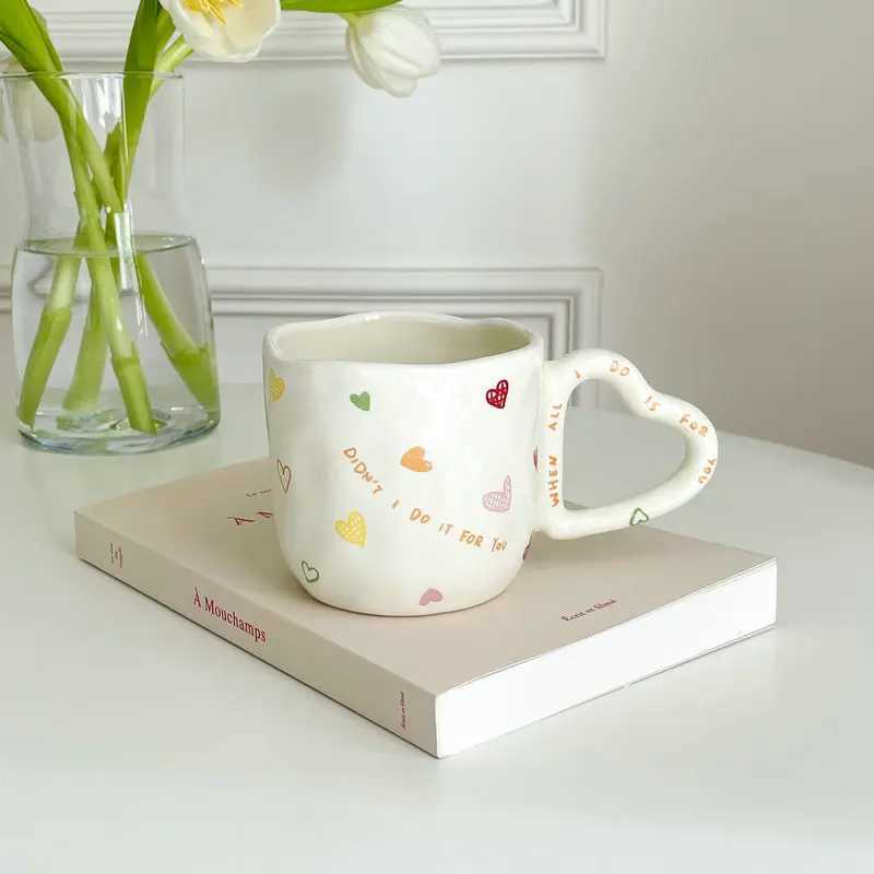 1pcs Cute hand-held heart-shaped handle milky white ceramic small fresh mug water cup coffee cup H260323