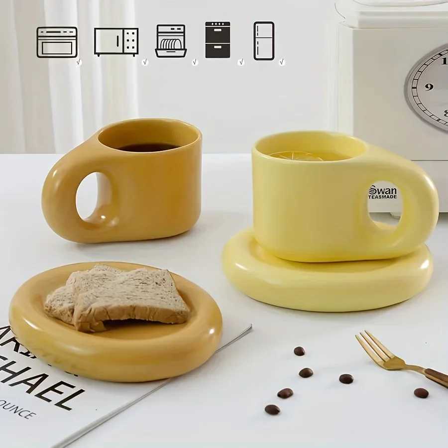 1set 400ml Ceramic Coffee Chubby Mug Saucer Set Creative Cute Fat Handle Cup With Saucer For Office And Home Room Decor H260323