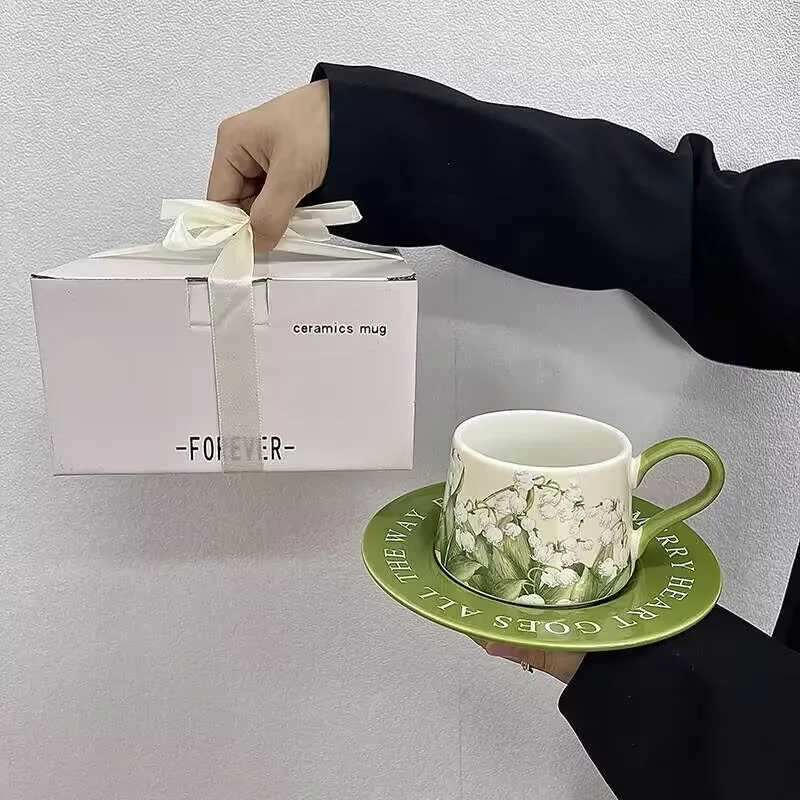 Vintage oil painting lily of the valley coffee cup and plate set light luxury ceramic cup niche latte cup afternoon tea cup H260323