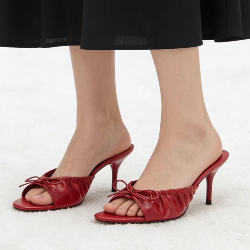 Sweet Red Bow Decorate Heel Sandals Women Novelty Pleated n Stiletto Slide Sandals Summer Sexy Open-toe Evening Dress Shoes 260323