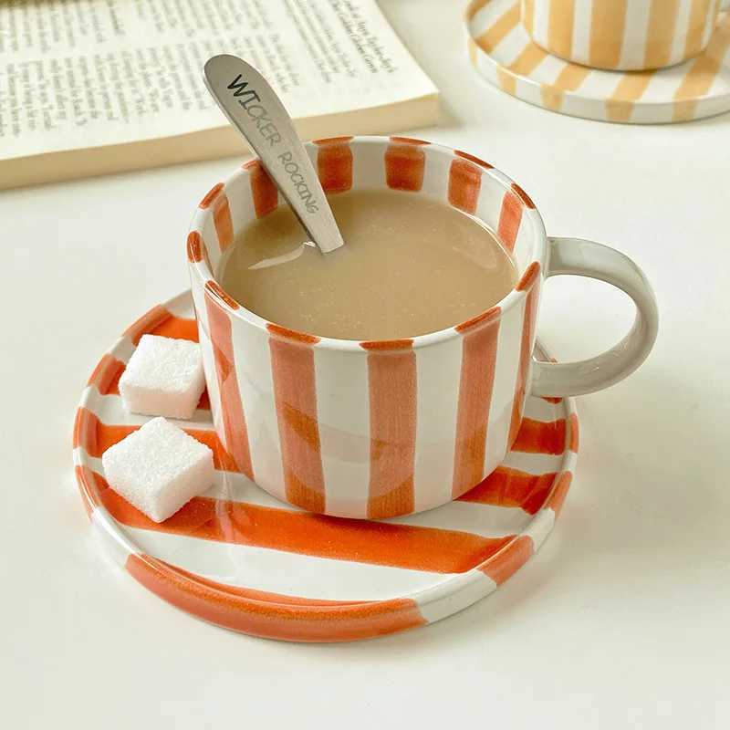 Creative Striped Ceramic Coffee Cup with Large Capacity Suitable Drinks Milk Breakfast Delicate Afternoon Tea Cup Dessert Coffee H260323