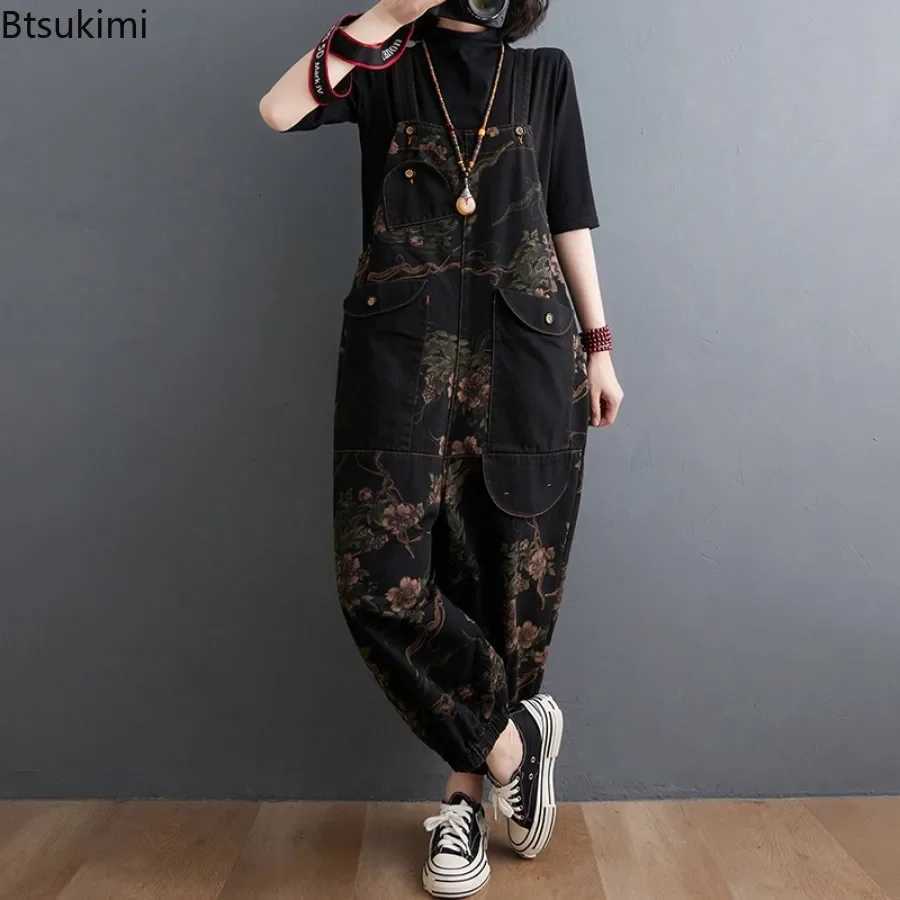 New 2026 Womens Fashion Loose Print Denim Jumpsuit with Big Pockets Vintage Casual Overalls Ladies Jeans Straps Pants Oversized M260323