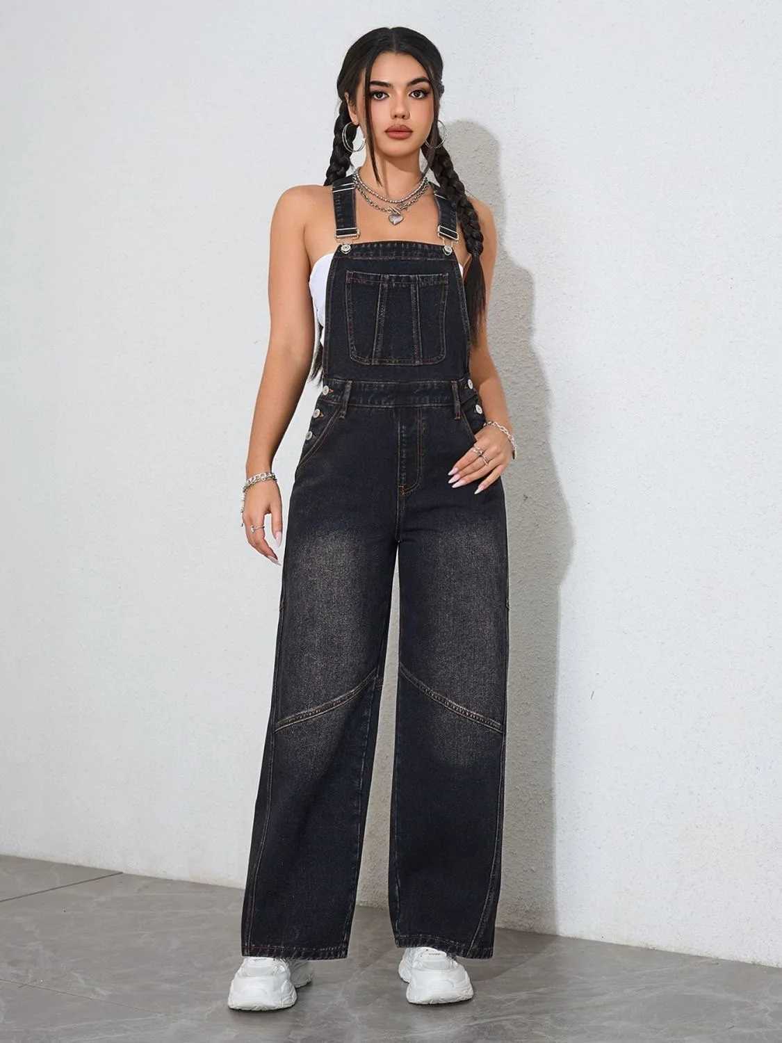 Womens Vintage Black Denim Jumpsuit Wide Leg Overalls Loose Fit Spring Fall Casual Romper Fashion Oversized Staple Bib Pants M260323