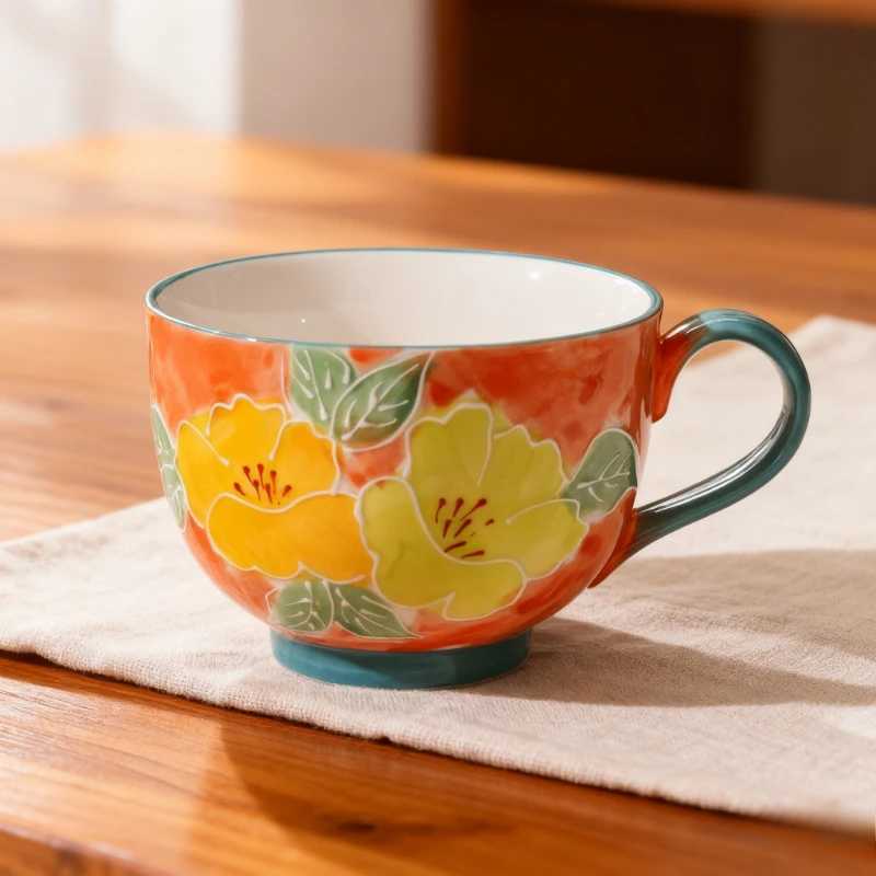 Embossed pure hand-painted ceramic cup beautiful large capacity breakfast cup high value flower tea cup milk oatmeal cup D260323