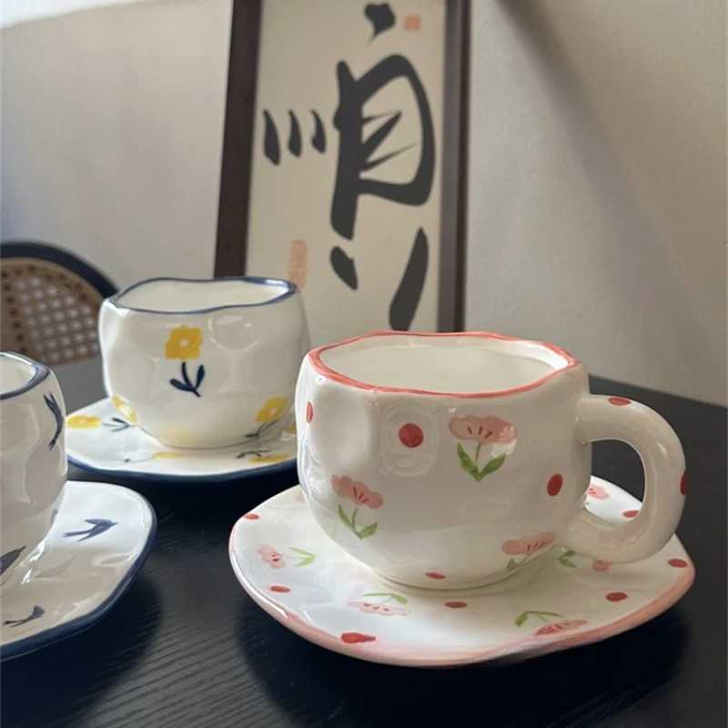 Japanese Retro Style Ceramic Coffee Cups and Plates Hand-painted Irregular Cups and Plates High-value Dessert Cups and Plates H260323