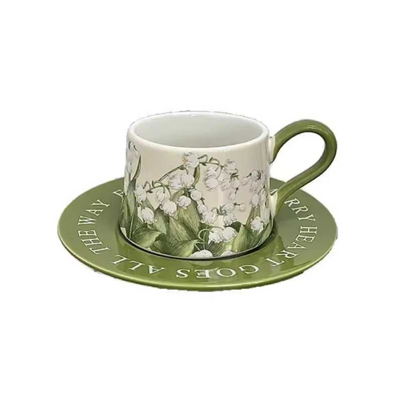 Vintage oil painting lily of the valley coffee cup and plate set light luxury ceramic cup niche latte cup afternoon tea cup H260323