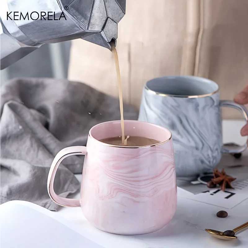 1Pcs Nordic Ins Style Ceramic Mug Marbled Gold Rim Coffee Cup Oatmeal Breakfast Cup Valentines Day present Couple water cups D260323