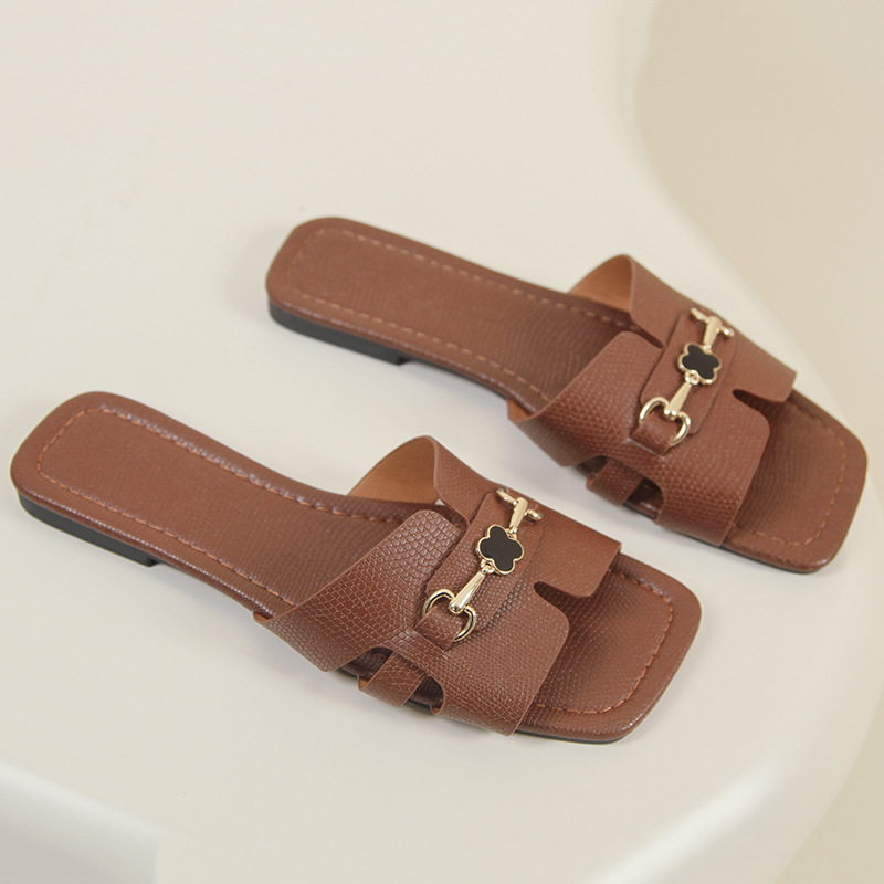 Fashion slippers 2026 Women's Square Toe Slide Sandals Gold Horsebit Buckle Decor Flat Casual Slippers