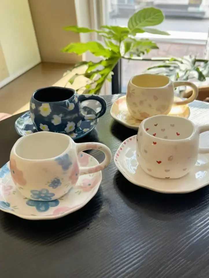 Small Fresh Countryside Style Irregular Hand Pinched Letter Relief Ceramic Coffee Cup Plate H260323