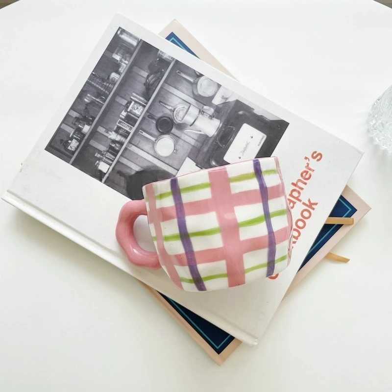 Ceramic Mug Espresso Coffee Cup Hand Drawing Underglaze Color Small Flower Rainbow Grid Ceramic Mug Breakfast Milk Tea Cups H260323