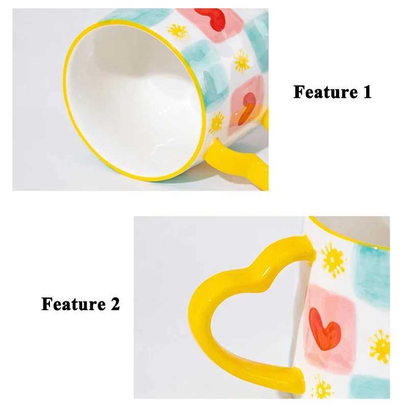 300ML Ceramic Mug with Spoon Cute Ins Style Hand-Painted Love Heart Coffee Breakfast Milk Tea Mug Festival Cups Wedding Gift H260323