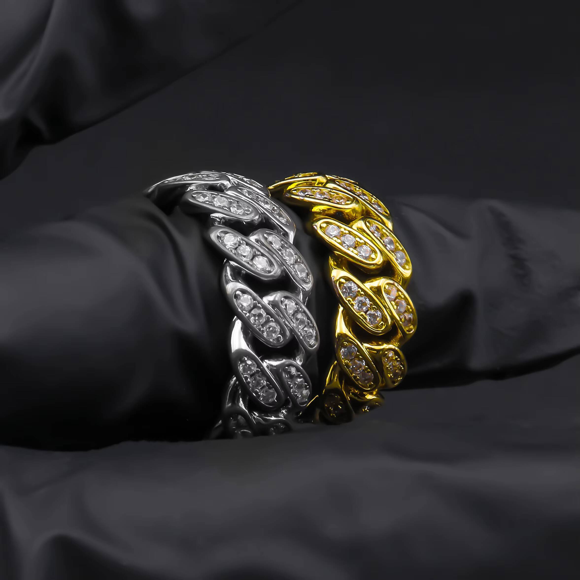 Mens Moissanite Ring-Cuban Chain Pave Setting 925 Sterling Silver Hip Hop Rappers Stylish Luxury Ring