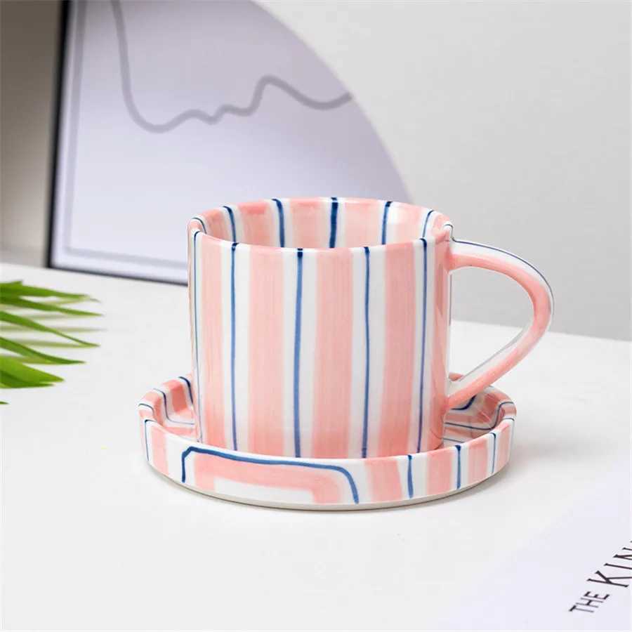 280ml/95oz afternoon tea coffee cup Minimalist striped hand drawn cup and plate set ceramic milk coffee cup household drinki H260323