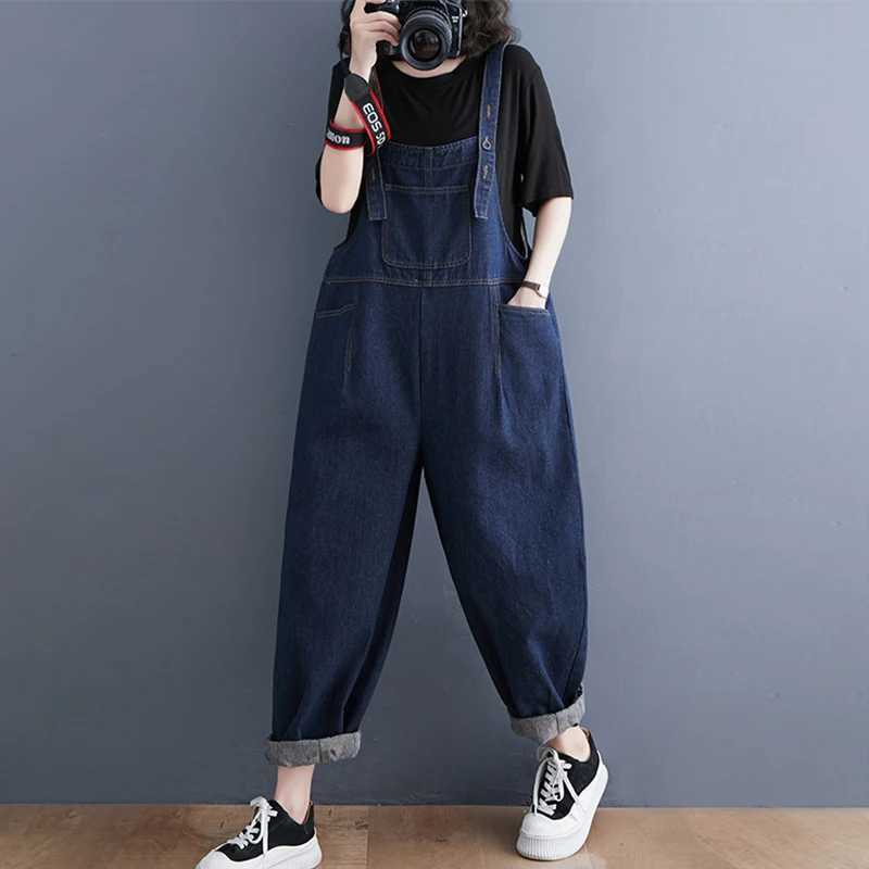 Loose Oversized Mom Jeans Overalls Women Casual Streetwear Wide Leg Denim Jumpsuit Vintage Strap Dungarees Baggy Cargo Pants M260323
