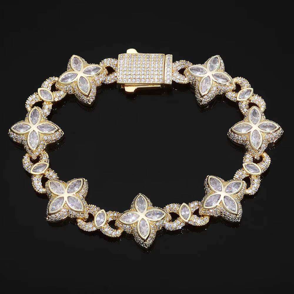 NUOYA Fine Jewelry Silver Plated Link Colorful Eye Moissanite Iced Out Diamond Four Leaf Clover Cuban Chain Bracelet Bracelet