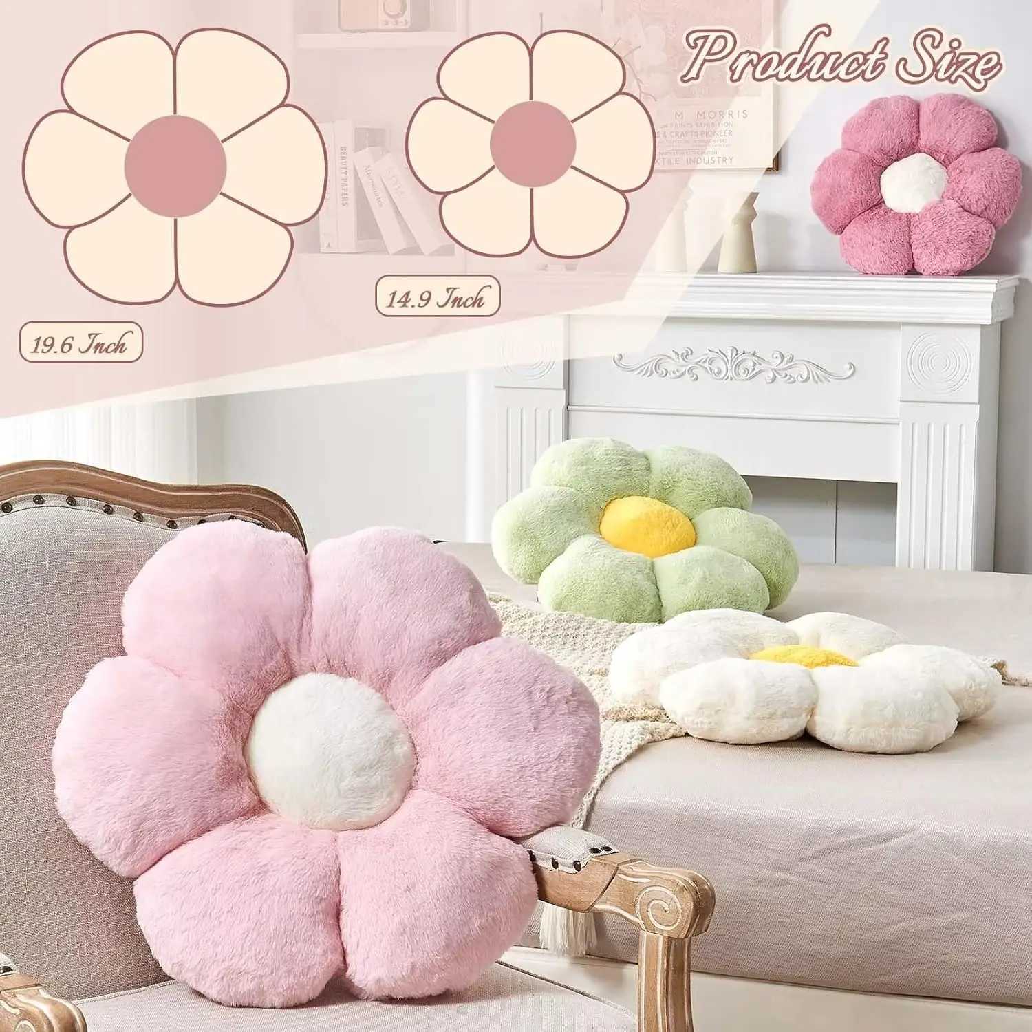 White Flower Plush Throw Pillow Cute Decorative with Faux Rabbit Fur 149 Soft for Bedroom Living Room H260323