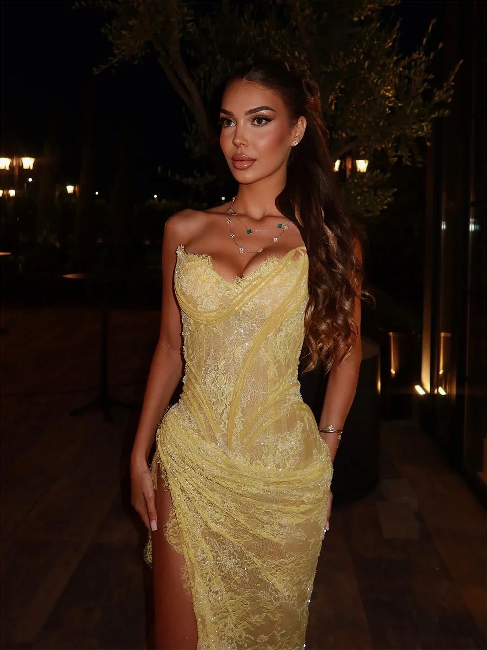 Sexy Yellow Mermaid Lace Embroidery Prom Sequins Sleeveless Side High Split Formal Party Pageant Dresses Evening Gowns Robe De Soiree Da10