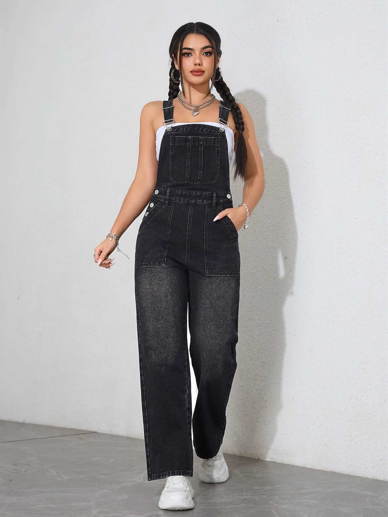 2025 Vintage Washed Womens Denim Overalls - Adjustable Straps Wide Leg Dungaree Jumpsuit Casual Workwear Romper Outfit M260323