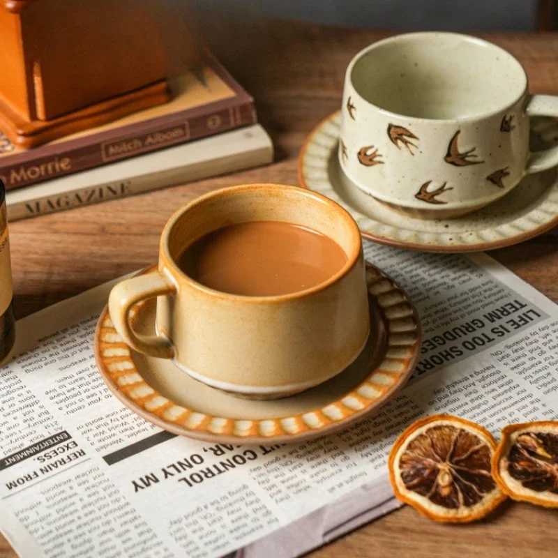 High-class Sense of Retro Coffee Cups and Saucers Set of Creative Rough Pottery Flower Cups Household High-grade Exquisite Mugs H260323
