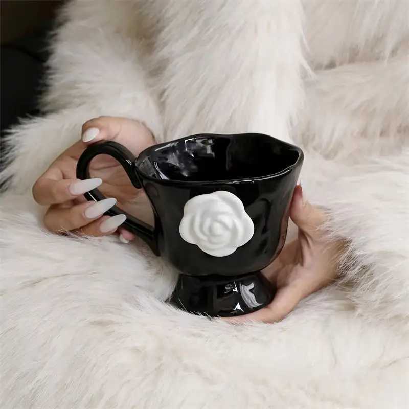 New Creative French Style Camellia Coffee Cup Handcrafted Exquisite Afternoon Tea Black Ceramic Mug Korean 3d White Rose Cup H260323