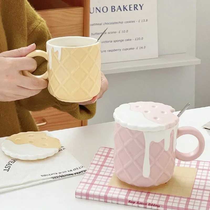 1pc 400ML Biscuit Pattern Coffee Mug With Lid And Spoon Ceramic Coffee Cups Cute Kawaii Water Cup Summer Winter Drinkware Gifts D260323