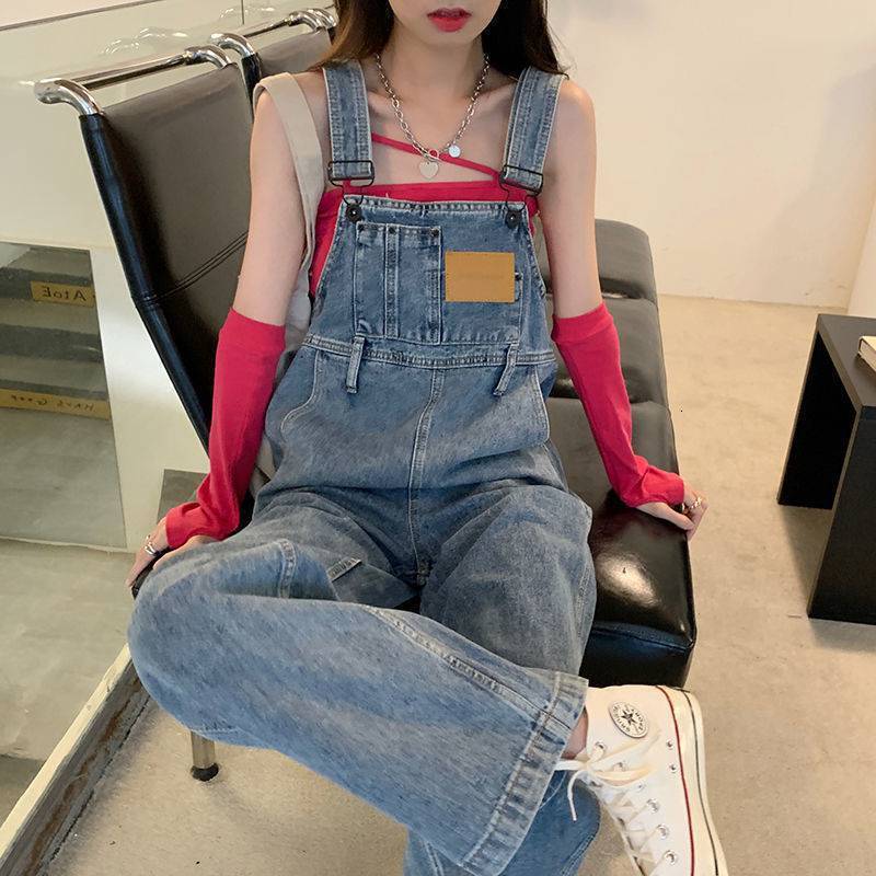 Retro Denim Overalls For Women Summer Designer Pants New Style Loose Fit Petite Size High Waist Straight Leg Hong Kong Style Slimming Long Pants