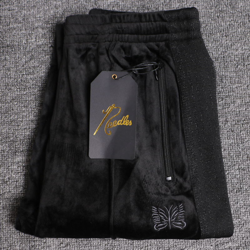 Needles Men's Pants High Quality Unisex Velvet Loose Straight Long Pants Oversized Navy Blue Wide Loose jorts Casual Embroidered AWGE baggy sweat