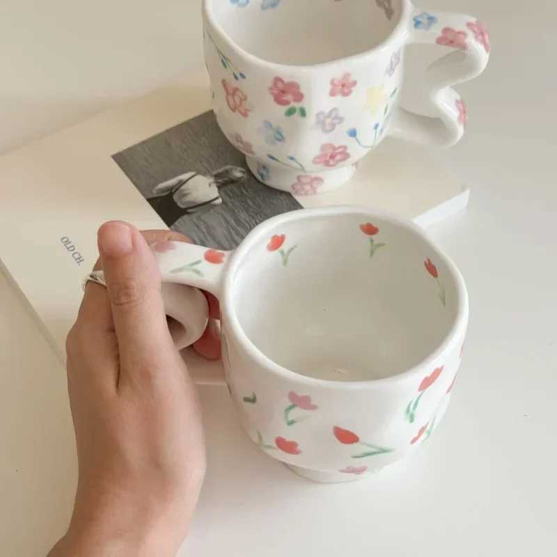 JUSTINLAU Ceramic Mugs Irregular Flower Coffee Milk Cups with Creative Handle Breakfast Cereal Juice Cup Home/Office Drinkware H260323