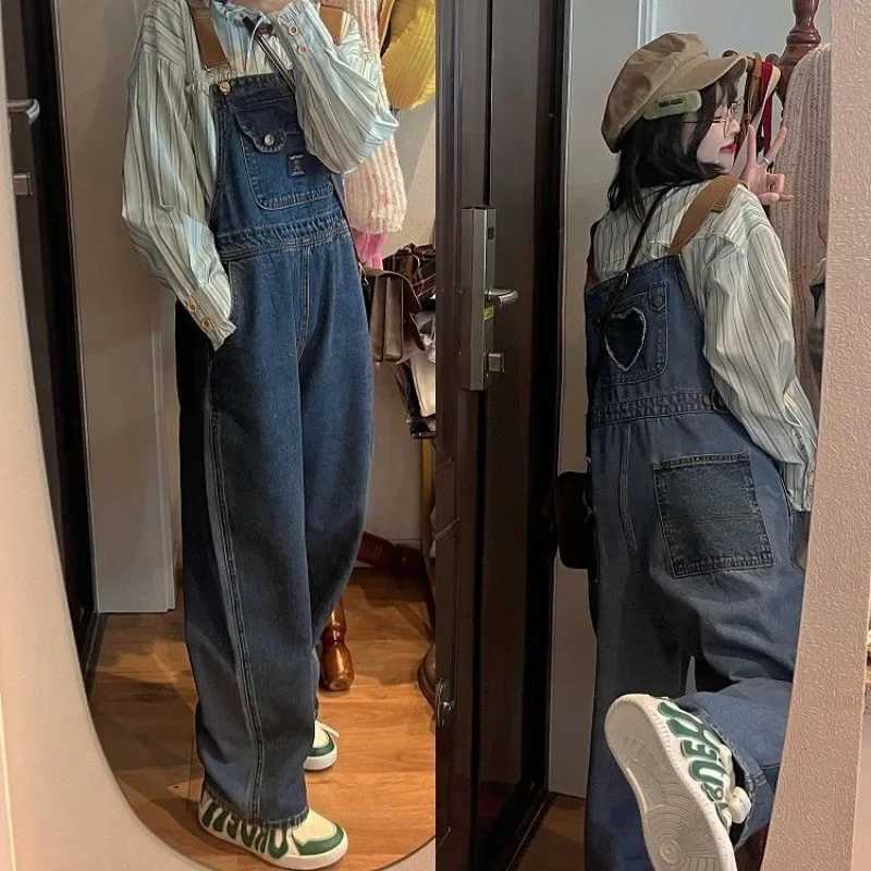 Vintage Kawaii Denim Jumpsuit Overalls Women College Style Girls Brown Blue Loose Casual Wide Leg Pants Jeans All Match Trousers M260323