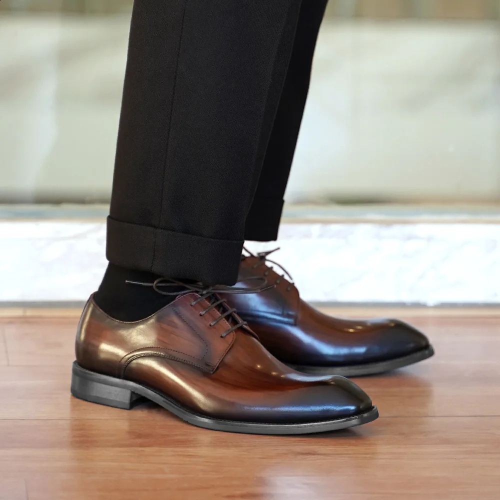 Mens Business Casual Shoes Distressed Wood Grain Square Toe Leather Derby Comfortable Office Wear Formal Dress Shoes Footwear 260316