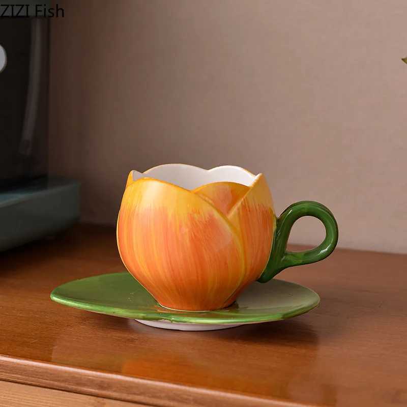 Tulip Flower Shaped Cupsaucer Dining Table Coffee Mug Delicate Porcelain Mugs Afternoon Tea Teacup Fruit Juice Container H260323