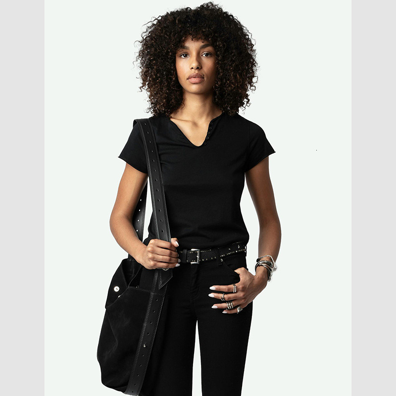 Summer New French Niche Polo Designer Hoodie Back Letter Flocked Designer T-shirt Print U-neck Black Women's Short Sleeve T-shirt