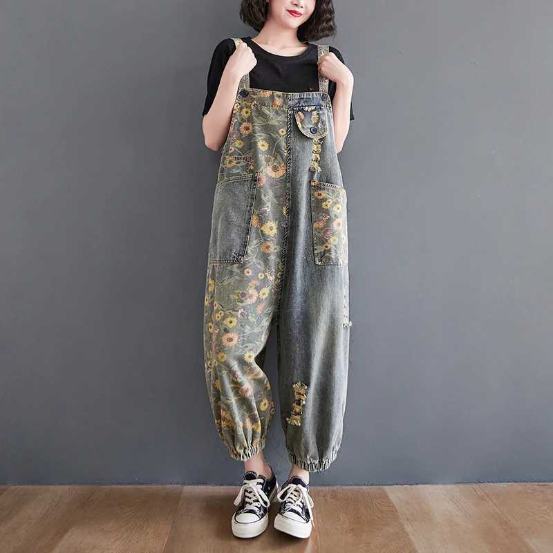Casual Oversized Print Floral Denim Overalls For Women Loose Wide Leg Mom Jeans Rompers And Jumpsuit Cargo Straps Baggy Pants M260323