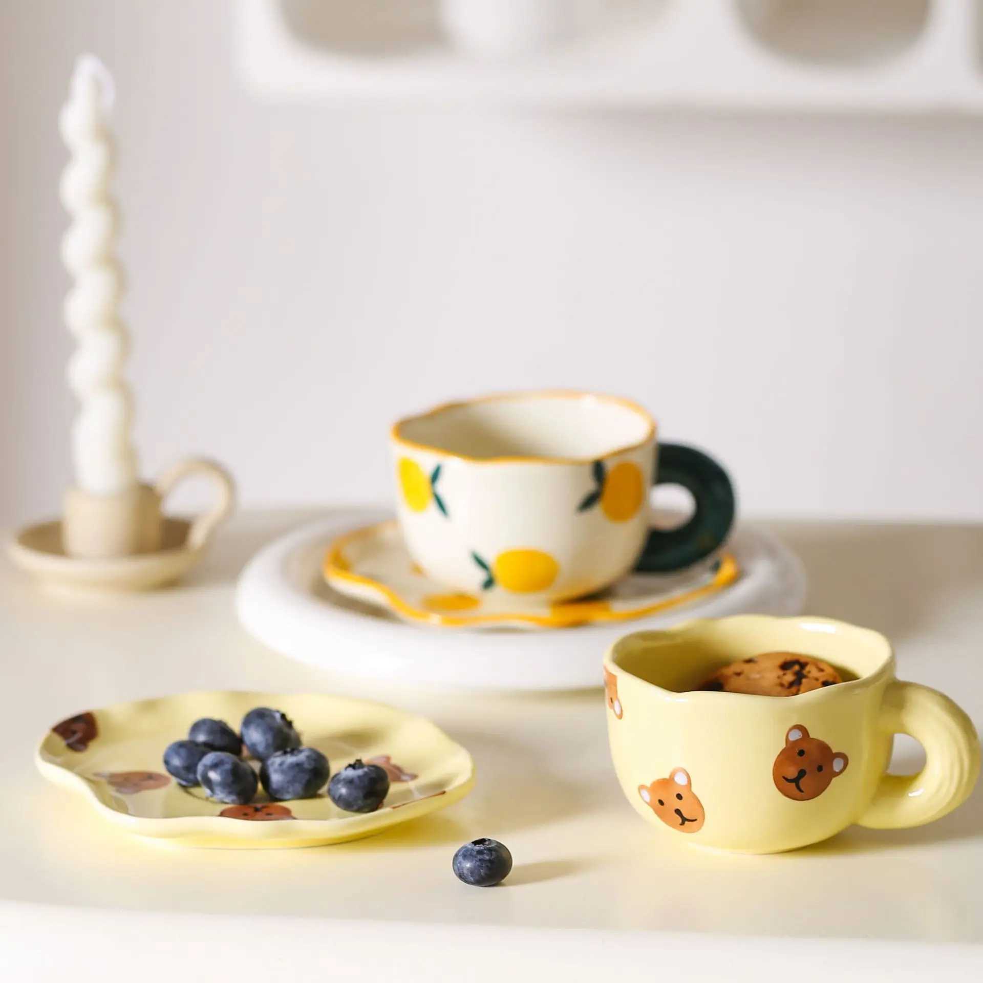 Creative Hand-painted Pattern Ceramic Mug Office Coffee Cup Afternoon Tea Cup Nice Breakfast Milk Drink Set with Saucer H260323