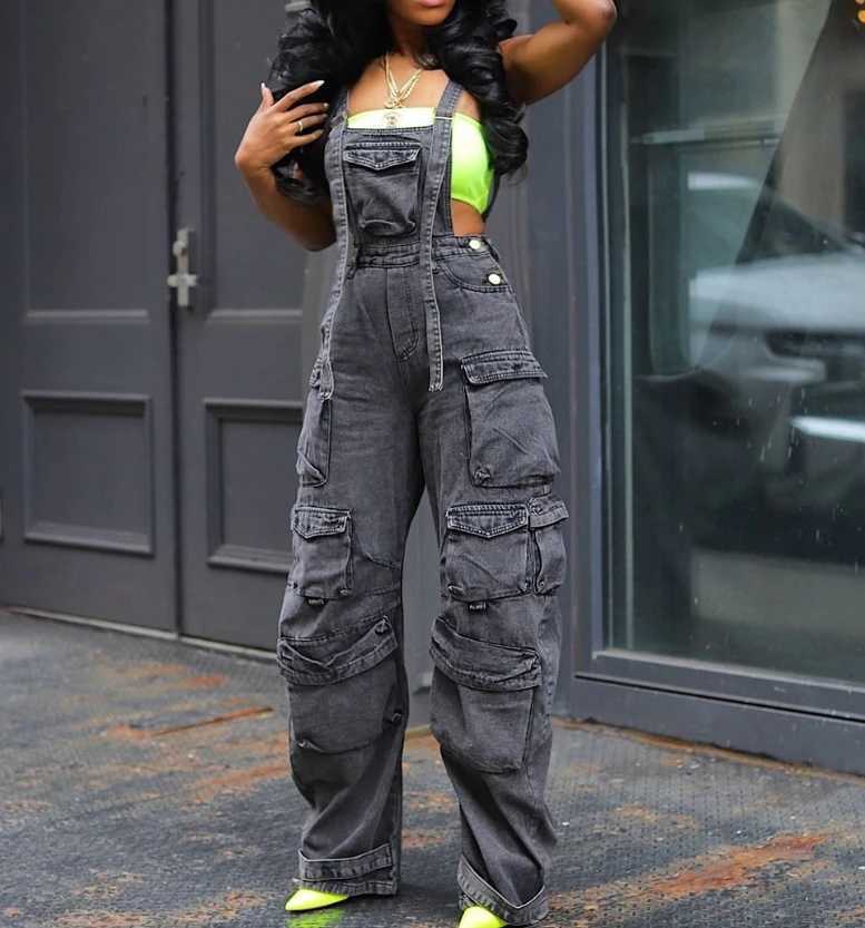 Jumpsuit American Street Zipper Denim Overalls Trendy Design Casual Multi Pocket Cargo Pants Womens Streetwear Denim Jumpsuit M260323